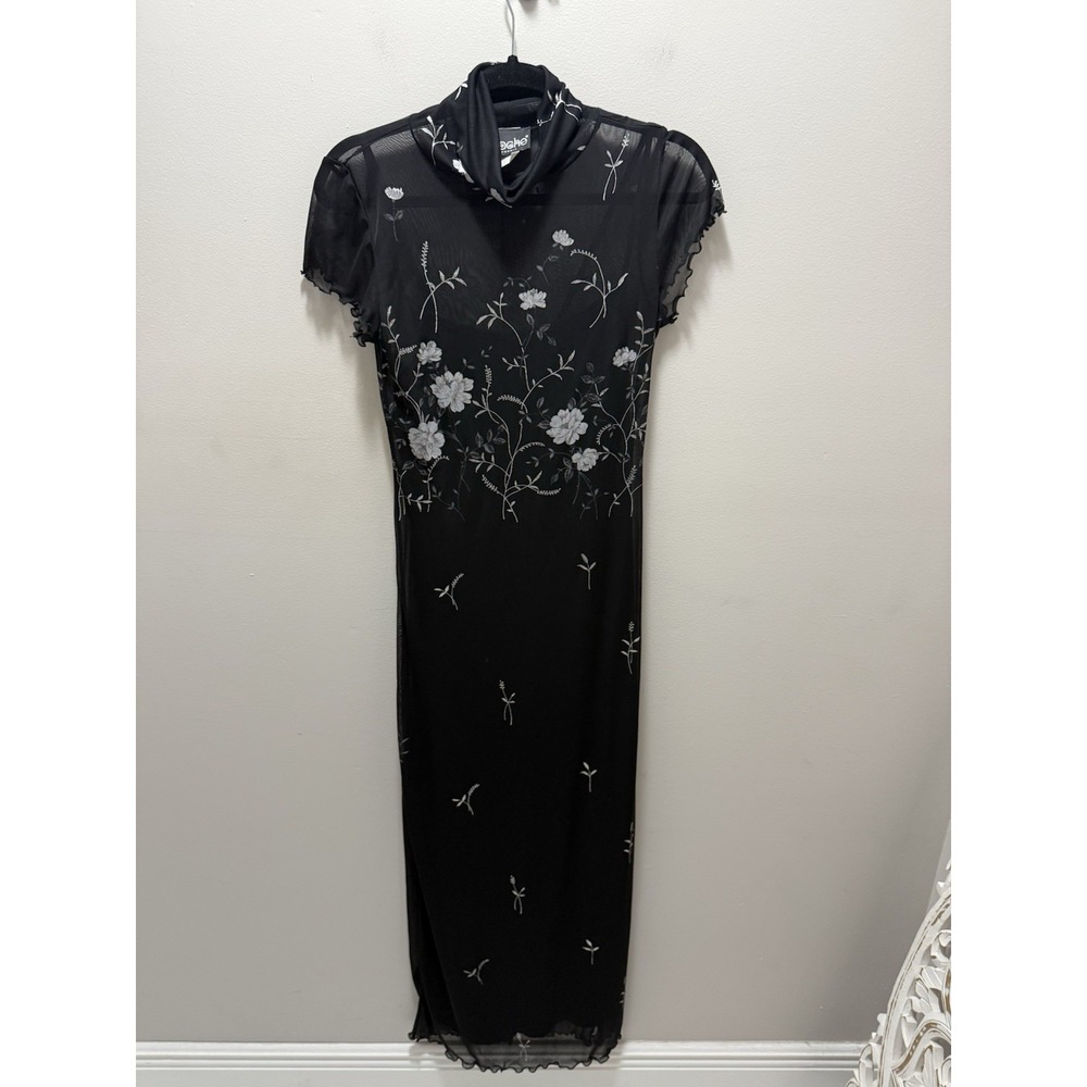 Brioche California Raised Black Floral Mesh Midi Dress  – Size Large Made In USA